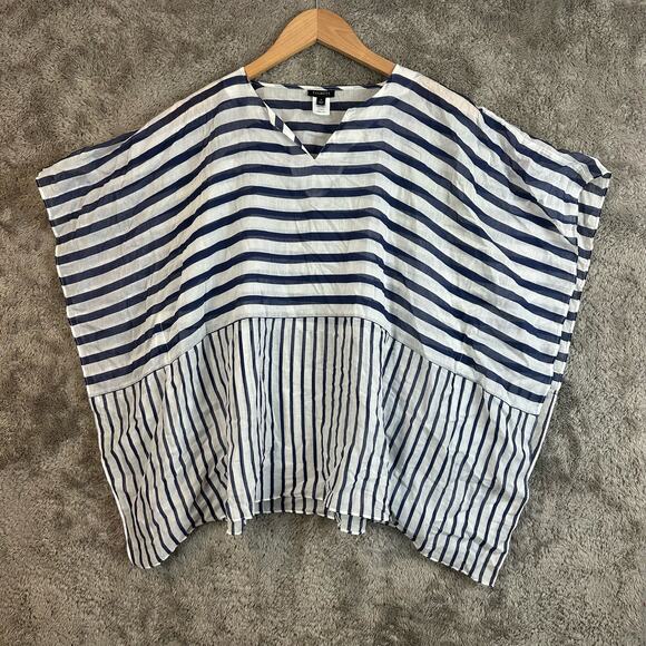 Talbots Silk Navy Blue White Semi-sheer Lighweight Kaftan Poncho Tunic Top S - Picture 9 of 9